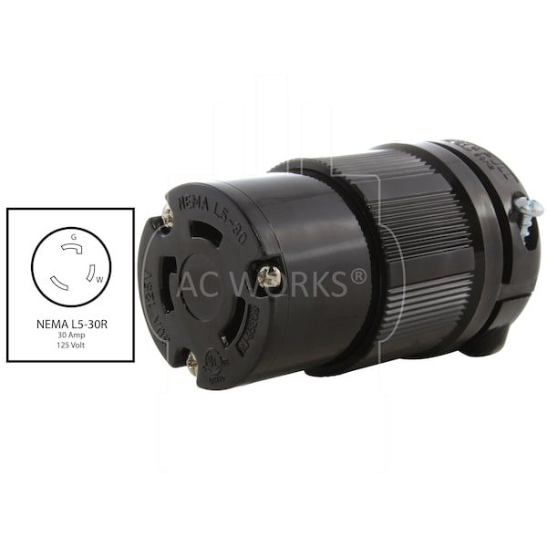 Ac Works NEMA L5-30R 30A 125V 3-Prong Locking Female Connector with UL, C-UL Approval in Black - ASL530R-BK
