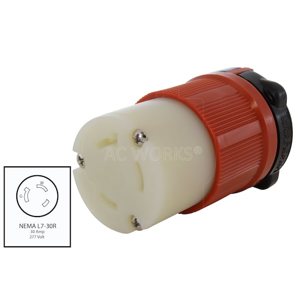 Ac Works NEMA L7-30R 30A 277V 3-Prong Locking Female Connector with UL, C-UL Approval in Orange - ASL730R
