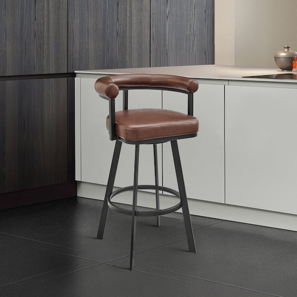 Armen Living Magnolia 26in Swivel Counter Stool in Black Metal with Brown Faux Leather - LCMGBABLKVCO26