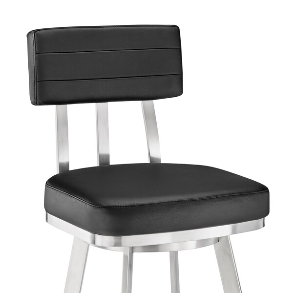Armen Living Jinab Swivel Counter Stool in Brushed Stainless Steel with Black Faux Leather - 840254335264