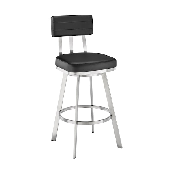 Armen Living Jinab Swivel Counter Stool in Brushed Stainless Steel with Black Faux Leather - 840254335264