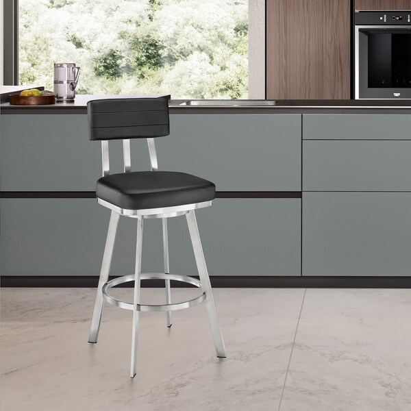 Armen Living Jinab Swivel Counter Stool in Brushed Stainless Steel with Black Faux Leather - 840254335264