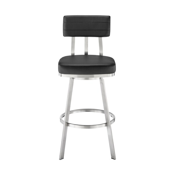 Armen Living Jinab Swivel Counter Stool in Brushed Stainless Steel with Black Faux Leather - 840254335264