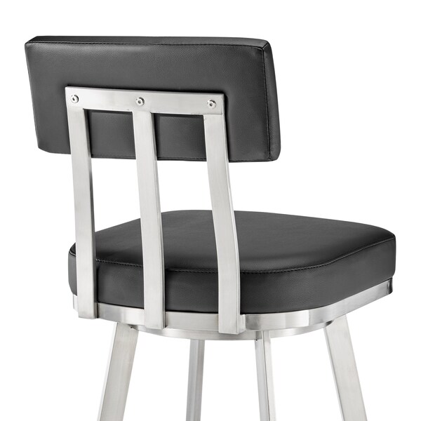 Armen Living Jinab Swivel Counter Stool in Brushed Stainless Steel with Black Faux Leather - 840254335264