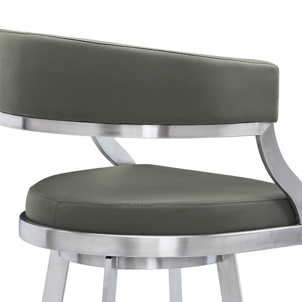 Armen Living Dione 26" Counter Height Swivel Gray Faux Leather and Brushed Stainless Steel Bar Stool - 840254335134