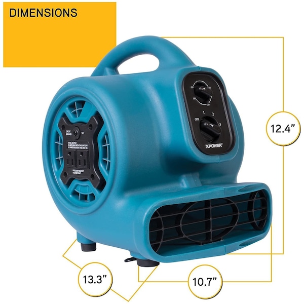 Xpower Mini Mighty Air Mover W/ Power Outlets and 3 hr Timer, 1/4 HP, 925 CFM, 2.3 Amps, 4 Positions, 3 Speeds, Blue - P-230AT BLUE