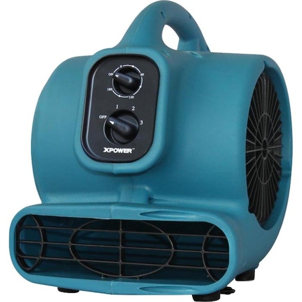 Xpower Mini Mighty Air Mover W/ Power Outlets and 3 hr Timer, 1/4 HP, 925 CFM, 2.3 Amps, 4 Positions, 3 Speeds, Blue - P-230AT BLUE