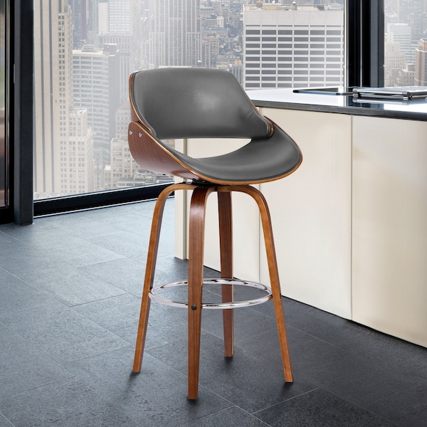 Armen Living Mona 26" Counter Height Swivel Gray Faux Leather and Walnut Wood Bar Stool - LCMNBAWAGR26