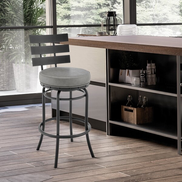Armen Living Natya Swivel Counter or Bar Stool in Black Finish with Gray Faux Leather - 840254333666