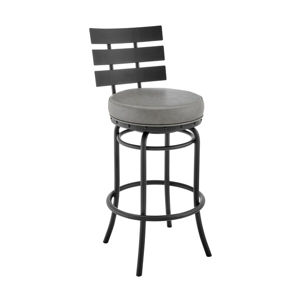 Armen Living Natya Swivel Counter or Bar Stool in Black Finish with Gray Faux Leather - 840254333666