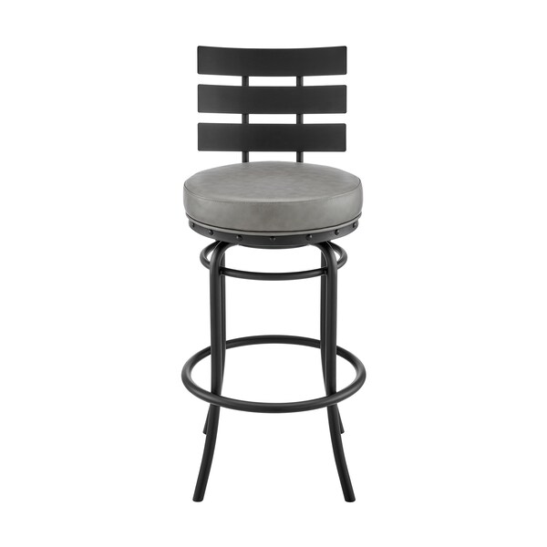 Armen Living Natya Swivel Counter or Bar Stool in Black Finish with Gray Faux Leather - 840254333666