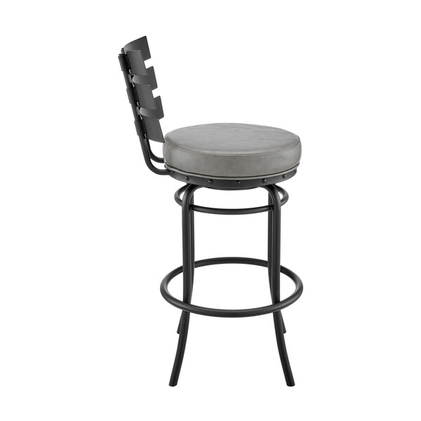 Armen Living Natya Swivel Counter or Bar Stool in Black Finish with Gray Faux Leather - 840254333666