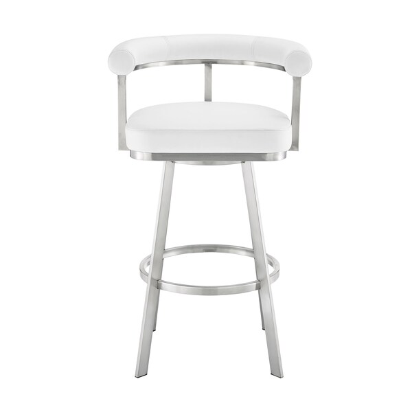Armen Living Nolagam Swivel Counter Stool in Brushed Stainless Steel with White Faux Leather - 840254335622