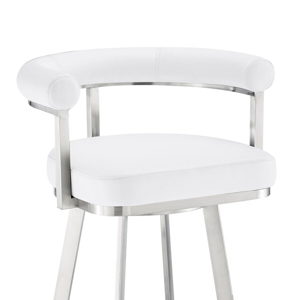 Armen Living Nolagam Swivel Counter Stool in Brushed Stainless Steel with White Faux Leather - 840254335622