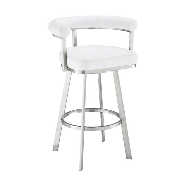 Armen Living Nolagam Swivel Counter Stool in Brushed Stainless Steel with White Faux Leather - 840254335622