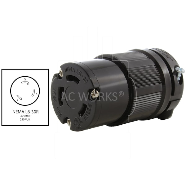 Ac Works NEMA L6-30R 30A 250V 3-Prong Locking Female Connector with UL, C-UL Approval in Black - ASL630R-BK