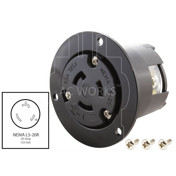 Ac Works 20A 125V L5-20R Flanged Outlet UL and C-UL Listed. - ASOUL520R