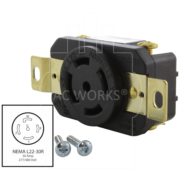Ac Works 30A 277/480V NEMA L22-30R Flush Mount Locking Industrial Grade Receptacle - FML2230R