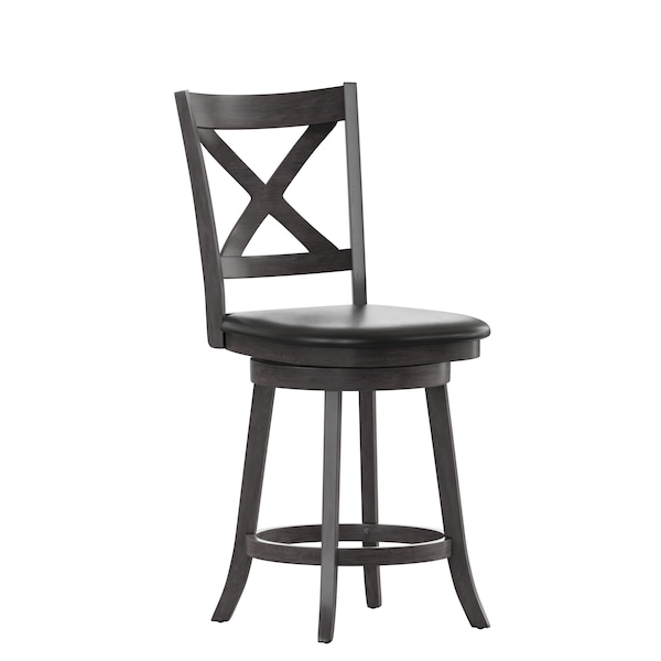 Flash Furniture Felicity Wood Crossback Swivel Counter Hght Barstool w/Padded Blk LeatherSoft Seat, Gry Wsh Walnut - ES-UN1-24-GY-GG