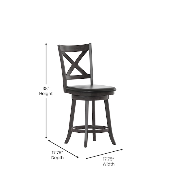 Flash Furniture Felicity Wood Crossback Swivel Counter Hght Barstool w/Padded Blk LeatherSoft Seat, Gry Wsh Walnut - ES-UN1-24-GY-GG