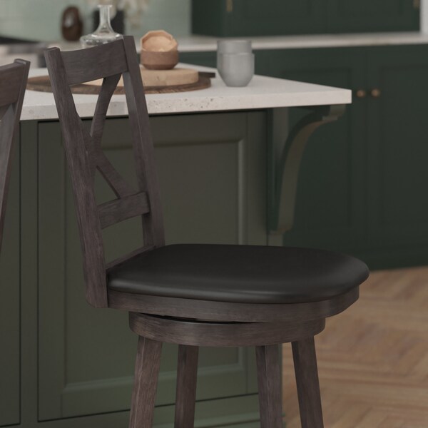 Flash Furniture Felicity Wood Crossback Swivel Counter Hght Barstool w/Padded Blk LeatherSoft Seat, Gry Wsh Walnut - ES-UN1-24-GY-GG