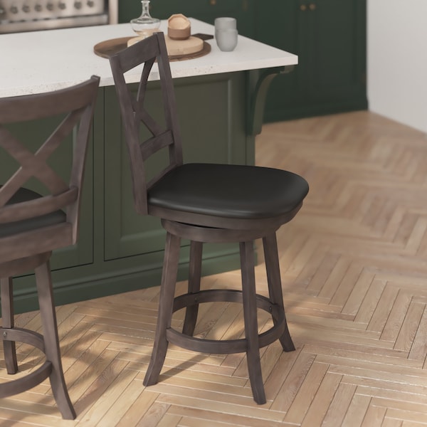 Flash Furniture Felicity Wood Crossback Swivel Counter Hght Barstool w/Padded Blk LeatherSoft Seat, Gry Wsh Walnut - ES-UN1-24-GY-GG