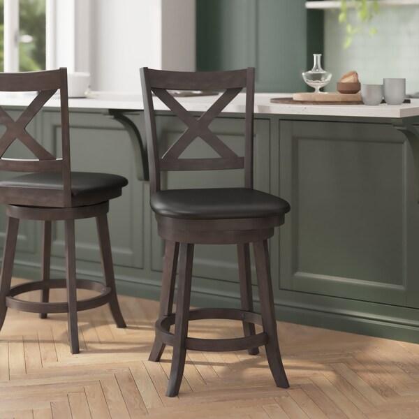 Flash Furniture Felicity Wood Crossback Swivel Counter Hght Barstool w/Padded Blk LeatherSoft Seat, Gry Wsh Walnut - ES-UN1-24-GY-GG