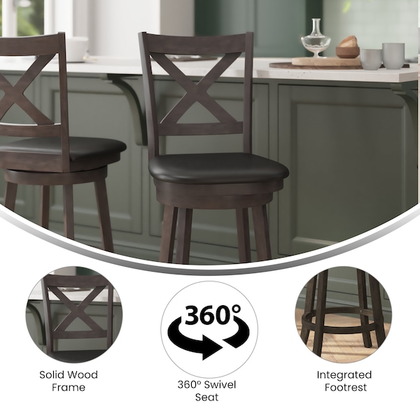 Flash Furniture Felicity Wood Crossback Swivel Counter Hght Barstool w/Padded Blk LeatherSoft Seat, Gry Wsh Walnut - ES-UN1-24-GY-GG