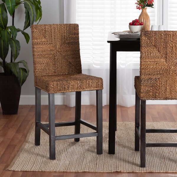 Baxton Studio Laymi Modern Bohemian Dark Brown Mahogany Wood and Seagrass Counter Stool - 233-13141-ZORO