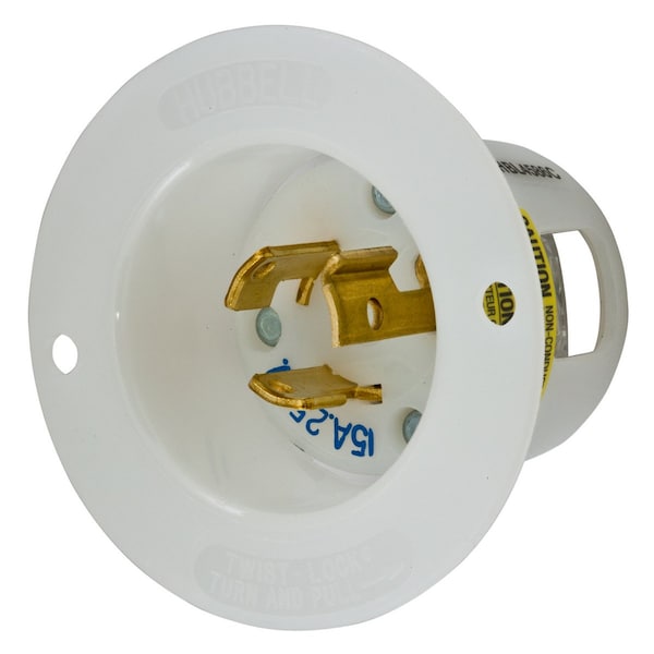 Hubbell Wiring Device-Kellems Locking Devices, Twist-Lock®, Industrial, Flanged Inlet, 15A 250V, 2-Pole 3-Wire Grounding, L6-15P, Screw Terminal, White - HBL4586C