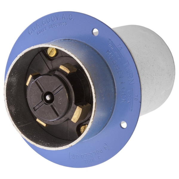 Hubbell Wiring Device-Kellems Locking Devices, Hubbellock, Industrial, Flanged Inlet, 60A 600V AC, 4-Pole 5-Wire Grounding, Non NEMA, Screw Terminal, Blue - HBL26522