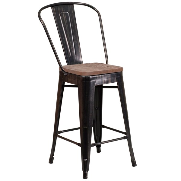 Flash Furniture Antique Metal Stool, 24", Black, Weight Capacity: 500 lb. - CH-31320-24GB-BQ-WD-GG