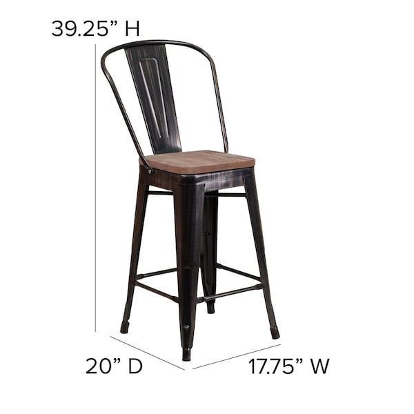 Flash Furniture Antique Metal Stool, 24", Black, Weight Capacity: 500 lb. - CH-31320-24GB-BQ-WD-GG