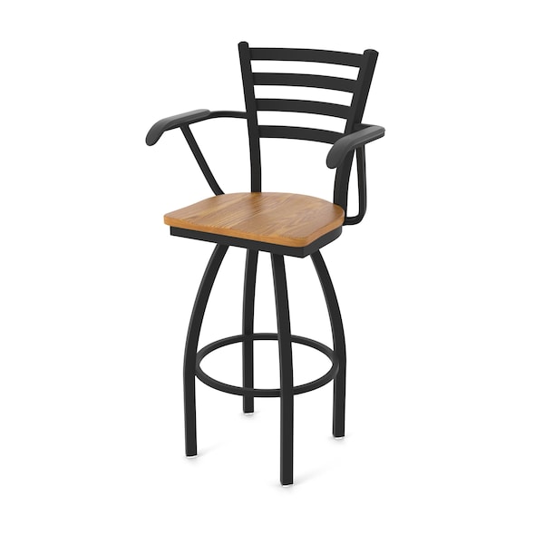 Holland Bar Stool Co Jackie with Arms 25 in. Swivel Counter Stool with Black Wrinkle Finish and Medium Oak Seat - 415