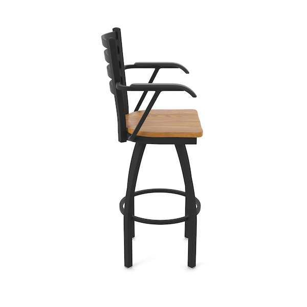 Holland Bar Stool Co Jackie with Arms 25 in. Swivel Counter Stool with Black Wrinkle Finish and Medium Oak Seat - 415