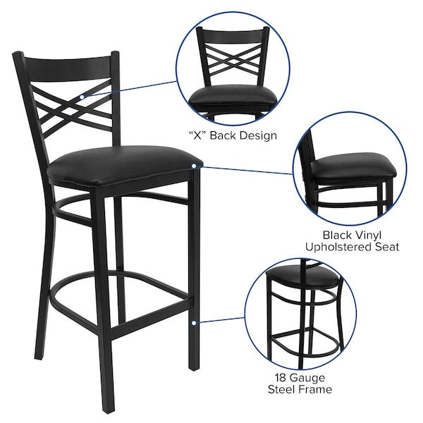Flash Furniture Restaurant Stool, X Back, Black Seat - XU-6F8BXBK-BAR-BLKV-GG