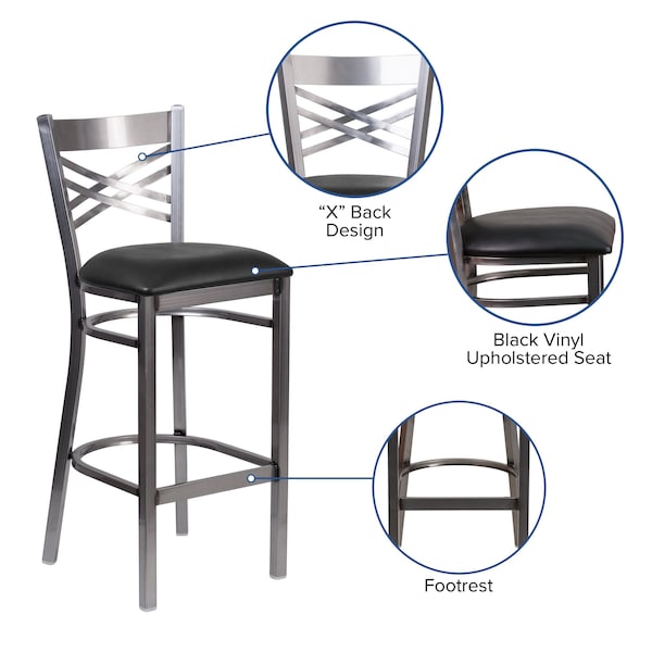 Flash Furniture Restaurant Barstool, Metal X Bck, Blk Vny - XU-6F8B-CLR-BAR-BLKV-GG