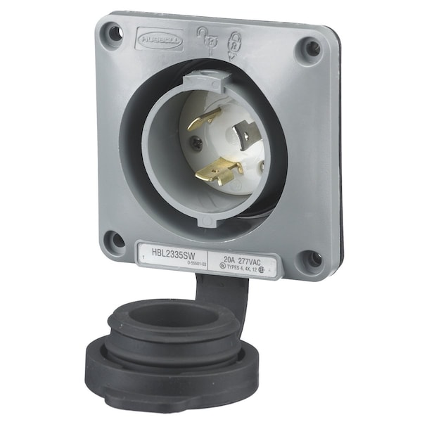 Hubbell Wiring Device-Kellems Locking Devices, Twist-Lock®, Watertight Safety Shroud, Flanged Inlet, 20A 277V AC, 2-Pole 3-Wire Grounding, L7- 20P, Screw Terminal, Gray - HBL2335SW