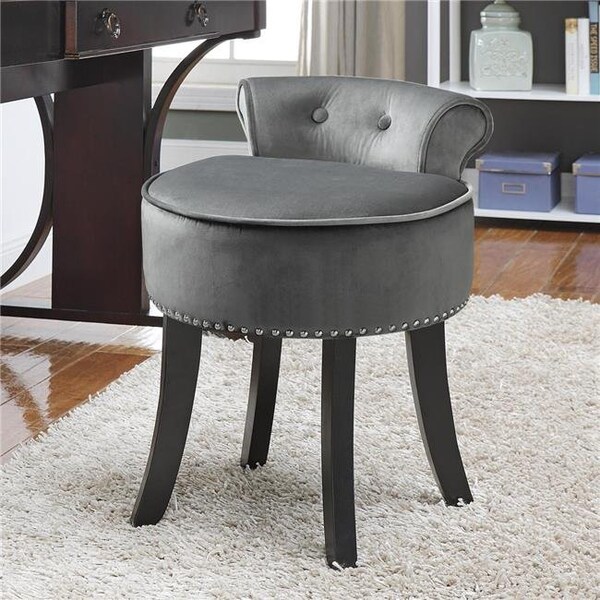 Posh Living Posh Living VS52-02LG-UE Alena Velvet Contemporary Nailhead Trim Rolled Back Vanity Stool; Light Grey - 22.8 x 17.9 x 19 in. - VS52-02LG-UE