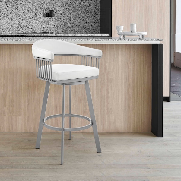 Armen Living Bronson 25" Counter Height Swivel Bar Stool in Silver Finish and White Faux Leather - 721535761906