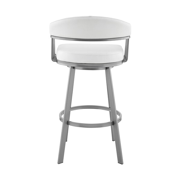 Armen Living Bronson 25" Counter Height Swivel Bar Stool in Silver Finish and White Faux Leather - 721535761906