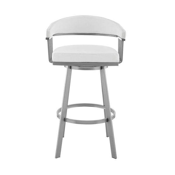 Armen Living Bronson 25" Counter Height Swivel Bar Stool in Silver Finish and White Faux Leather - 721535761906