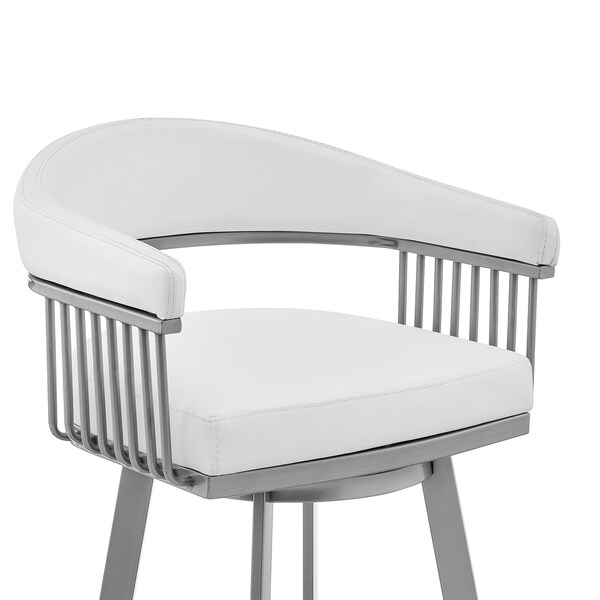 Armen Living Bronson 25" Counter Height Swivel Bar Stool in Silver Finish and White Faux Leather - 721535761906