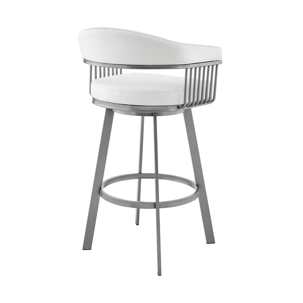 Armen Living Bronson 25" Counter Height Swivel Bar Stool in Silver Finish and White Faux Leather - 721535761906
