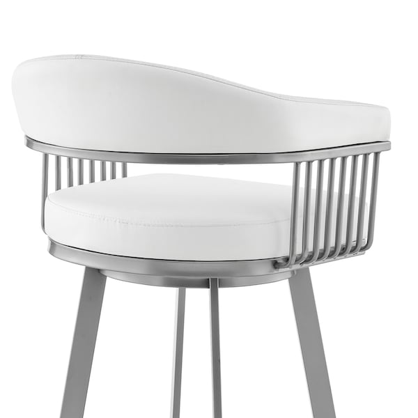 Armen Living Bronson 25" Counter Height Swivel Bar Stool in Silver Finish and White Faux Leather - 721535761906