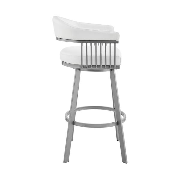 Armen Living Bronson 25" Counter Height Swivel Bar Stool in Silver Finish and White Faux Leather - 721535761906