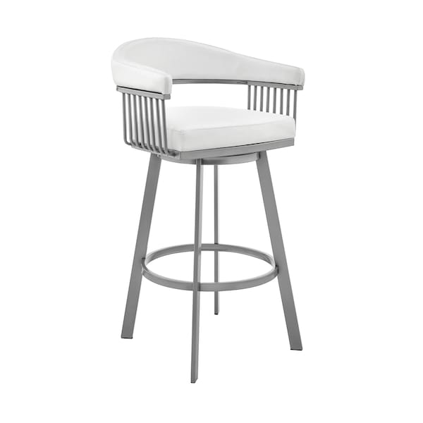 Armen Living Bronson 25" Counter Height Swivel Bar Stool in Silver Finish and White Faux Leather - 721535761906
