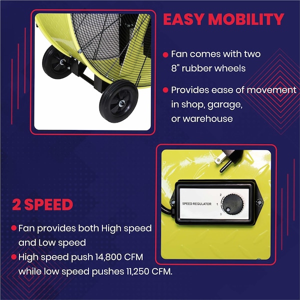 K-Tool International 42 In. Belt Drive Industrial Drum Fan, Safety Yellow Pallet Of 4 - KTI77743-PL4