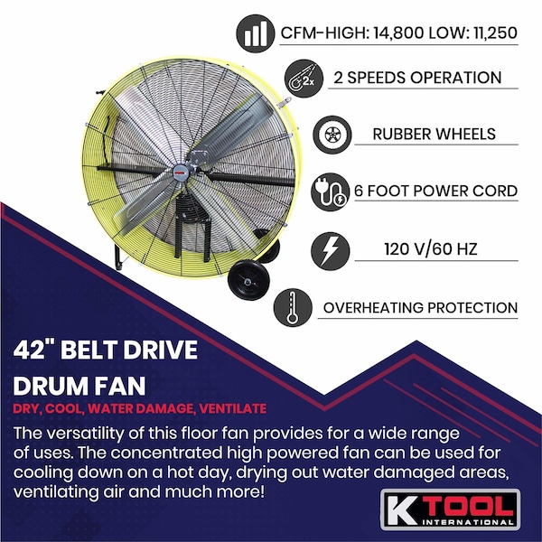 K-Tool International 42 In. Belt Drive Industrial Drum Fan, Safety Yellow Pallet Of 4 - KTI77743-PL4