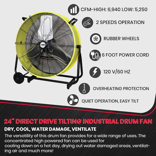 K-Tool International Industrial Tilt Drum Fan, 24 in Blade Dia, Direct Drive - KTI77740